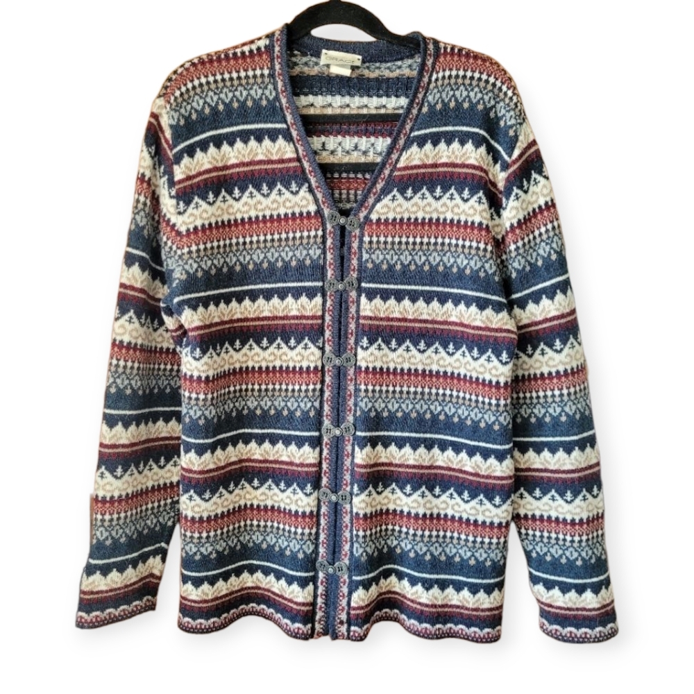 Vintage Wool Blend Nordic Style  Multicolor Cardigan Metal Clasps 90s Medium